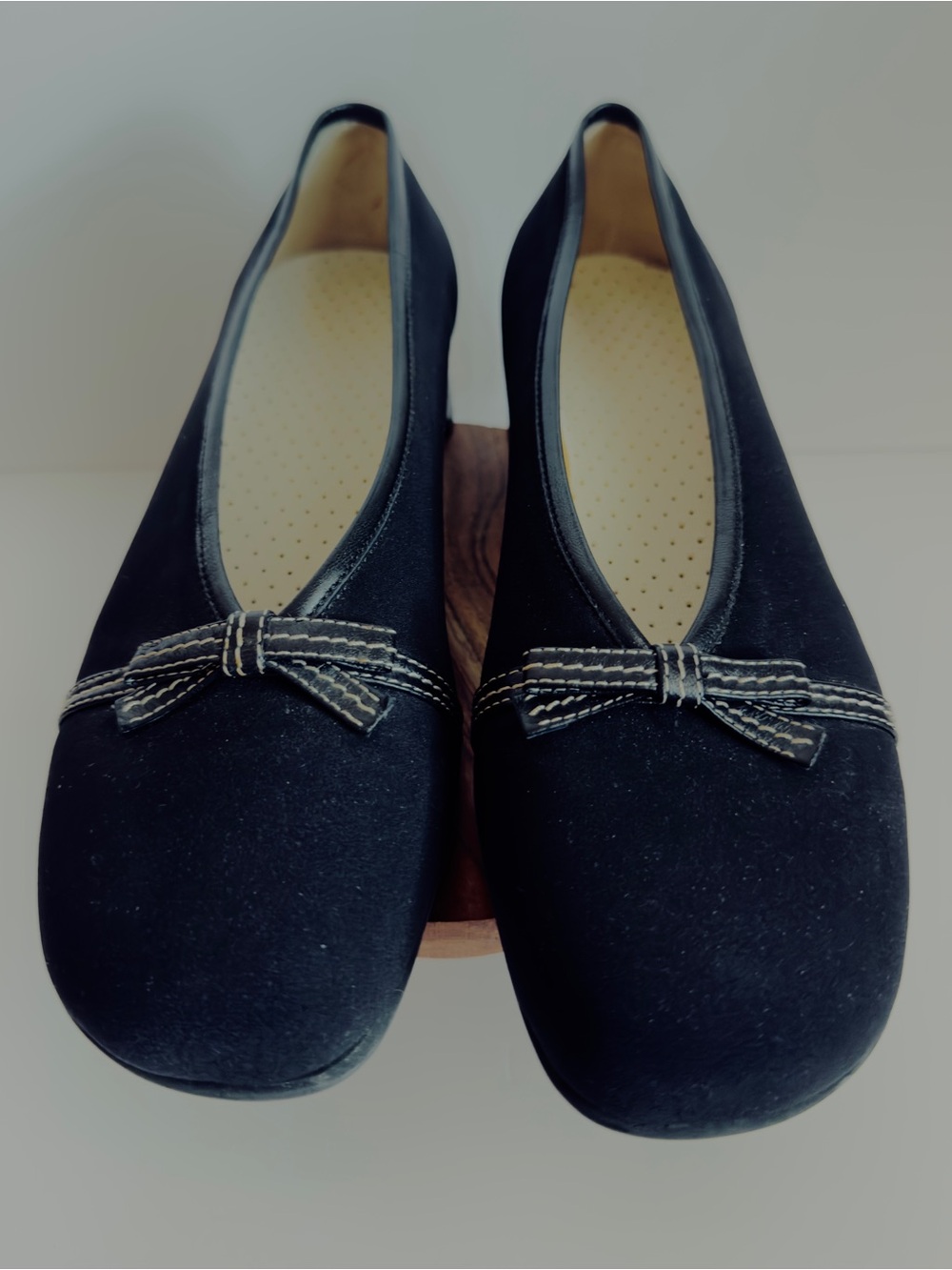 New (no box) Black Suede Bow- Low Wedge Comfort Pump With Tan Stitching.
